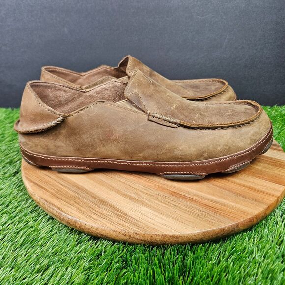 OluKai Mens Moloa Loafer Size 11 Brown Leather Slip On Shoe Convertible Slipper
